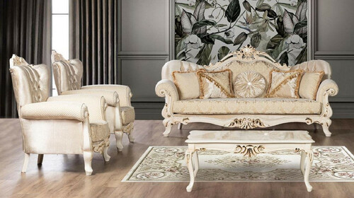 Casa Padrino Luxus Barock Wohnzimmer Set Gold / Cremefarben / Gold - 2 Barock Sofas mit Muster & 2 Barock Sessel mit Muster & 1 Barock Couchtisch - Barock Wohnzimmer M�bel