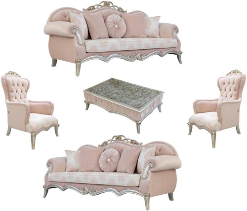 Casa Padrino Luxus Barock Wohnzimmer Set Rosa / Silber / Gold - 2 Sofas mit Kissen & 2 Sessel & 1 Couchtisch - Wohnzimmerm�bel im Barockstil - Edle Barock M�bel