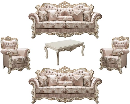 Casa Padrino Luxus Barock Wohnzimmer Set Rosa / Wei� / Gold - 2 Sofas & 2 Sessel & 1 Couchtisch - Prunkvolle M�bel im Barockstil