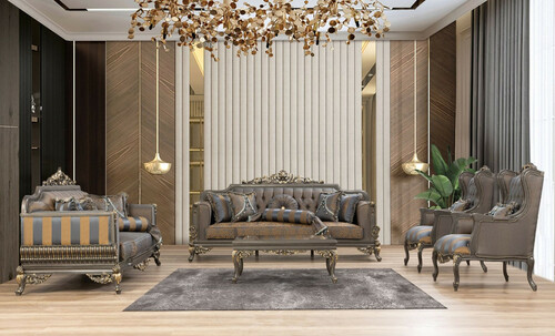 Casa Padrino Luxus Barock Wohnzimmer Set Blau / Grau / Gold - 2 Sofas & 2 Sessel & 1 Couchtisch - Prunkvolle Barock Wohnzimmer M�bel