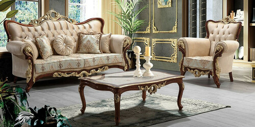 Casa Padrino Luxus Barock Wohnzimmer Set Beige / Braun / Gold - 2 Sofas mit Muster & 2 Sessel mit Muster & 1 Couchtisch - Prunkvolle Barock Wohnzimmer M�bel