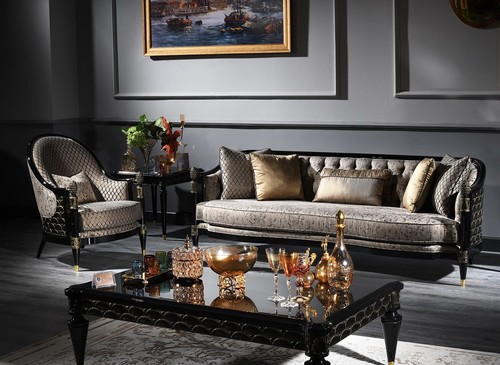 Casa Padrino Luxus Barock Wohnzimmer Set Silbergrau / Schwarz / Gold - 1 Chesterfield Sofa & 1 Sessel & 1 Couchtisch & 1 Beistelltisch - Barockm�bel