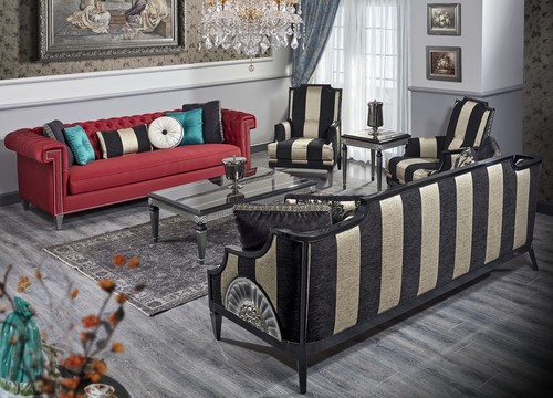 Casa Padrino Luxus Barock Wohnzimmer Set Rot / Schwarz / Gold / Silber - 2 Sofas & 2 Sessel & 1 Couchtisch & 1 Beistelltisch - Barock Wohnzimmerm�bel