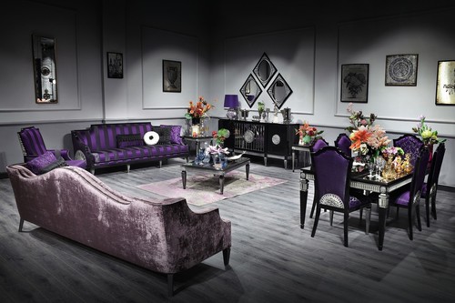 Casa Padrino Luxus Barock Wohnzimmer & Esszimmer Set Lila / Schwarz / Silber - Barockm�bel