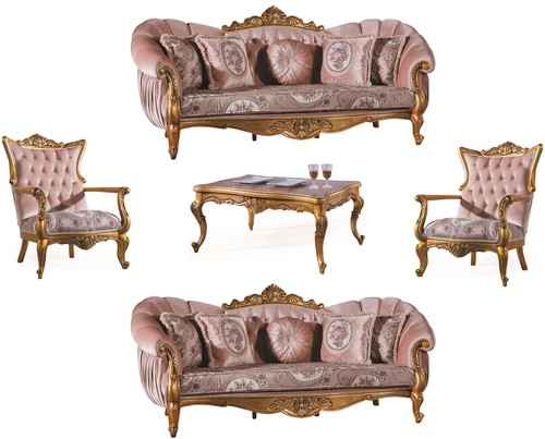 Casa Padrino Luxus Barock Wohnzimmer Set Rosa / Gold - 2 Sofas & 2 Sessel & 1 Couchtisch - Wohnzimmer M�bel - Edel & Prunkvoll