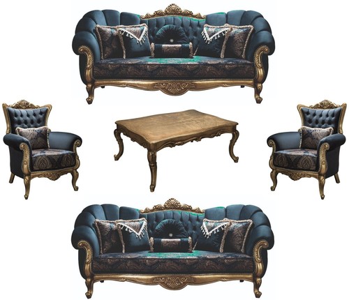 Casa Padrino Luxus Barock Wohnzimmer Set Blau / Gold - 2 Sofas & 2 Sessel & 1 Couchtisch - Wohnzimmer M�bel - Edel & Prunkvoll