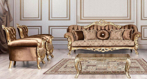 Casa Padrino Luxus Barock Wohnzimmer Set Braun / Antik Gold - 2 Barock Sofas mit Muster & 2 Barock Sessel mit Muster & 1 Barock Couchtisch - Barock Wohnzimmer M�bel