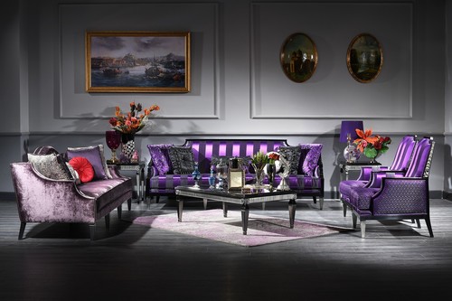 Casa Padrino Luxus Barock Wohnzimmer Set Lila / Schwarz / Silber - 2 Sofas & 2 Sessel & 1 Couchtisch & 2 Beistelltische - Barockm�bel