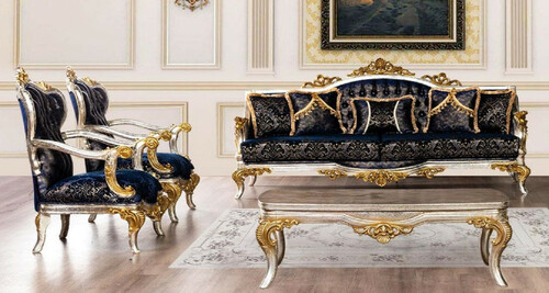 Casa Padrino Luxus Barock Wohnzimmer Set Royalblau / Schwarz / Silber / Gold - 2 Barock Sofas mit Muster & 2 Barock Sessel mit Muster & 1 Barock Couchtisch - Barock Wohnzimmer M�bel