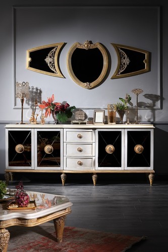 Casa Padrino Luxus Barock Wohnzimmer Set Wei� / Gold - Barock Kommode und 3 Wandspiegel - Barockm�bel