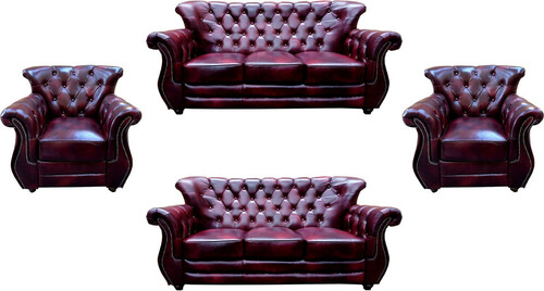 Casa Padrino Luxus Chesterfield Echtleder Wohnzimmer Set Bordeauxrot / Braun / Silber - 2 Leder Sofas & 2 Leder Sessel - Chesterfield Wohnzimmer M�bel