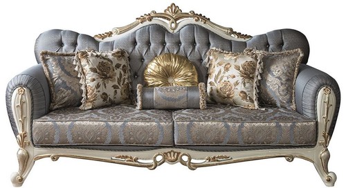 Casa Padrino Luxus Barock Wohnzimmer Sofa mit Glitzersteinen und dekorativen Kissen Blau / Wei� / Gold 220 x 85 x H. 110 cm - Edle Wohnzimmer M�bel im Barockstil