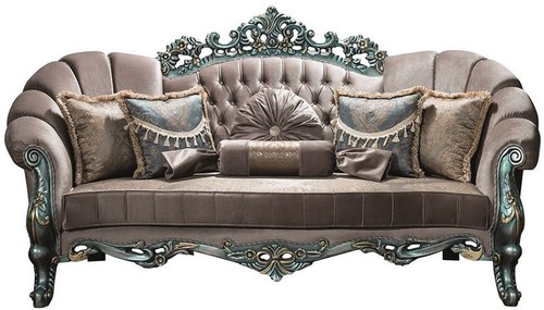 Casa Padrino Luxus Barock Samt Sofa Grau / Gr�n / Gold 225 x 95 x H. 115 cm - Prunkvolles Wohnzimmer Sofa mit Glitzersteinen und dekorativen Kissen