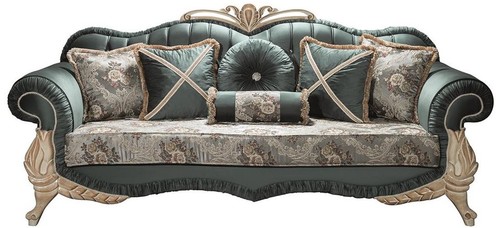 Casa Padrino Luxus Barock Wohnzimmer Sofa mit Glitzersteinen und dekorativen Kissen Gr�n / Creme / Beige 220 x 85 x H. 100 cm - M�bel im Barockstil