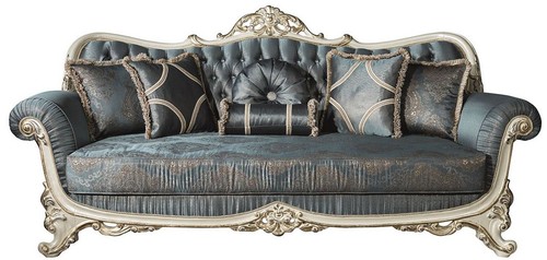 Casa Padrino Luxus Barock Wohnzimmer Sofa mit Glitzersteinen und dekorativen Kissen Blau / Creme / Gold 240 x 95 x H. 105 cm - Edle Couch im Barockstil