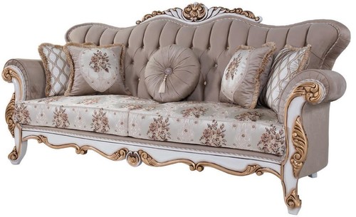 Casa Padrino Luxus Barock Sofa mit Kissen Grau / Mehrfarbig / Wei� / Bronze 232 x 87 x H. 101 cm - Wohnzimmer Couch mit Blumenmuster und wundersch�nen Verzierungen