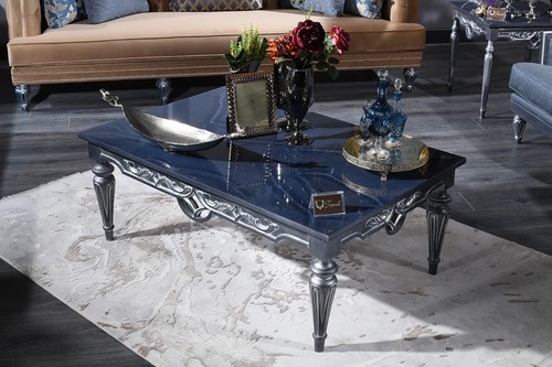 Casa Padrino Luxus Barock Couchtisch Blau / Silber 143 x 94 x H. 44 cm - Wohnzimmertisch im Barockstil
