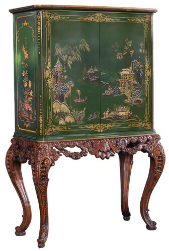 Casa Padrino Luxus Barock Barschrank Gr�n / Braun / Mehrfarbig / Gold - Prunkvoller Massivholz Schrank mit LED Beleuchtung - Barock Wohnzimmer M�bel - Barock Bar M�bel - Barock Hotel M�bel