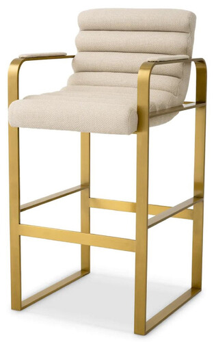 Casa Padrino Luxus Barstuhl mit Armlehnen Sandfarben / Messing 53,5 x 57,5 x H. 107 cm - Gepolsterter Edelstahl Barhocker - Bar M�bel - Luxus M�bel - Luxus Qualit�t