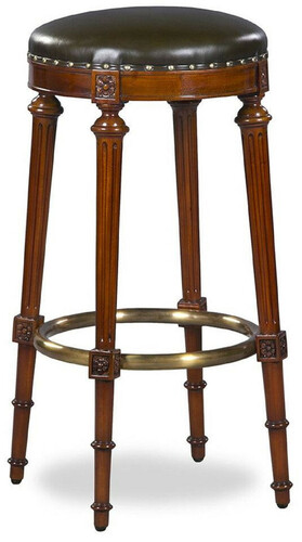 Casa Padrino Luxus Jugendstil Barhocker Braun / Schwarz / Messing  36 x H. 76 cm - Runder gepolsterter Mahagoni Barstuhl mit Echtleder - Bar M�bel - Leder M�bel - Luxus M�bel - Luxus Qualit�t