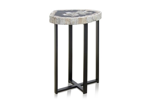 Casa Padrino Luxus Beistelltisch Braun 56 x 43 x H. 60 cm - Beistelltisch mit Tischplatte aus versteinertem Holz und schwarzem Eisenfu� - Luxus M�bel