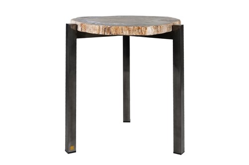 Casa Padrino Luxus Beistelltisch Braun 65 x 65 x H. 67 cm - Beistelltisch mit Tischplatte aus versteinertem Holz und Edelstahlfu� - Luxus M�bel