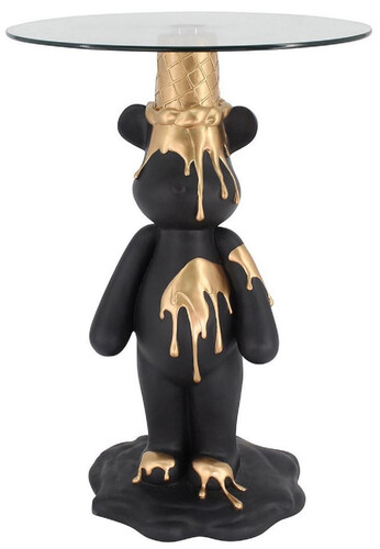 Casa Padrino Luxus Beistelltisch B�r Schwarz / Gold  48,5 x H. 69 cm - Runder Kunstharz Tisch mit Glasplatte - Wohnzimmer M�bel - Luxus M�bel - Luxus Einrichtung - Wohnzimmer Einrichtung