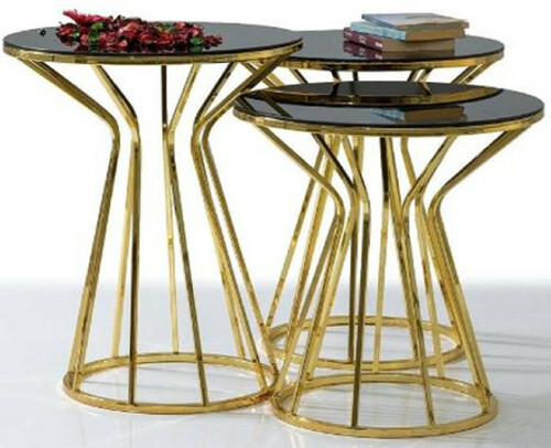 Casa Padrino Designer Beistelltisch Set Gold / Grau - 3 Metall Tische mit Glasplatte - Wohnzimmer M�bel - Luxus Kollektion