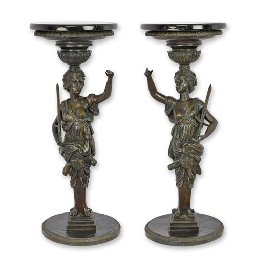 Casa Padrino Luxus Beistelltisch Set Justitia Bronze / Schwarz  31 x H. 77 cm - Runde Bronze Beistelltische mit Marmorplatte - Luxus M�bel