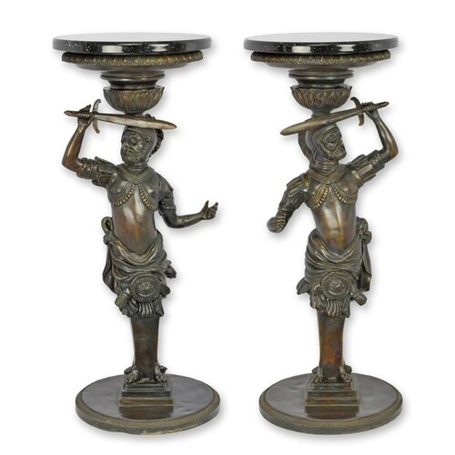 Casa Padrino Luxus Beistelltisch Set Krieger Bronze / Schwarz  31 x H. 76,5 cm - Runde Bronze Beistelltische mit Marmorplatte - Luxus M�bel