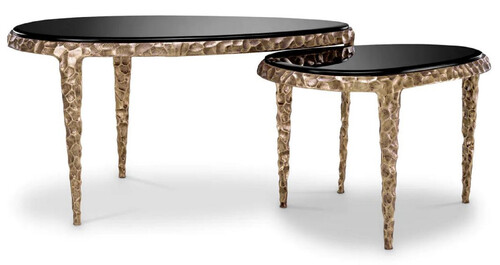 Casa Padrino Luxus Beistelltisch Set Vintage Messing / Schwarz - 2 Aluminium Tische mit Glasplatten - Wohnzimmer M�bel - Hotel M�bel - Luxus M�bel - Luxus Einrichtung - M�bel Luxus