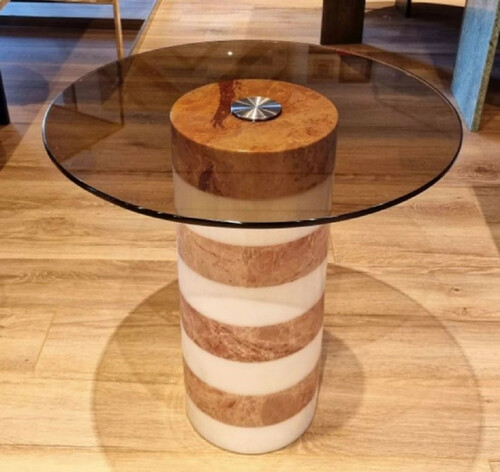 Casa Padrino Luxus Beistelltisch Braun / Wei�  48 x H. 50 cm - Runder Marmor Tisch mit Glasplatte - Wohnzimmer M�bel - Luxus M�bel - Marmor M�bel - Luxus Einrichtung - Wohnzimmer Einrichtung