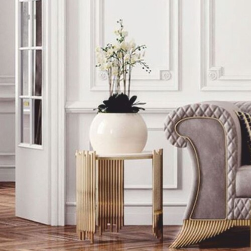 Casa Padrino Luxus Beistelltisch mit Kunstmarmor Tischplatte Wei� / Gold  59 cm