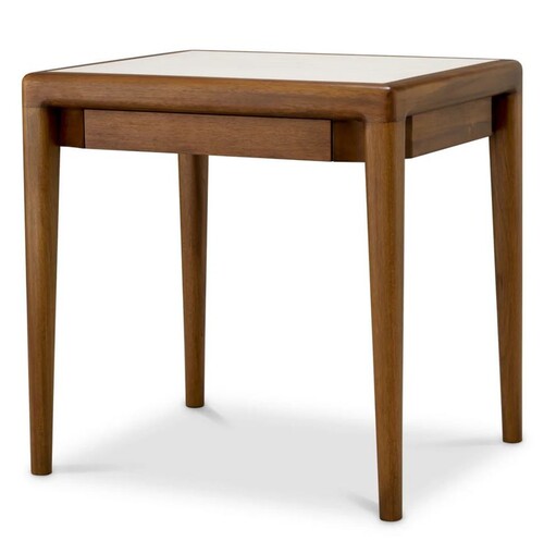 Casa Padrino Luxus Mahagoni Beistelltisch mit Marmorplatte und Schublade Braun / Beige