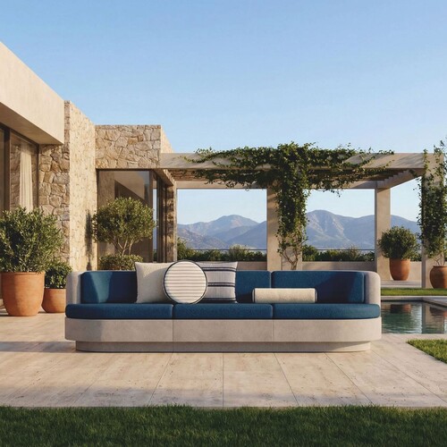 Casa Padrino Luxus Beton Sofa Grau / Blau 294 cm - Wohnzimmer & Garten Sofa