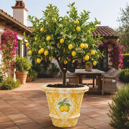 Casa Padrino Luxus Blumentopf Gelb / Wei� / Bunt  80 x H. 63 cm - Runder Keramik Pflanzentopf - Hotel & Garten Deko