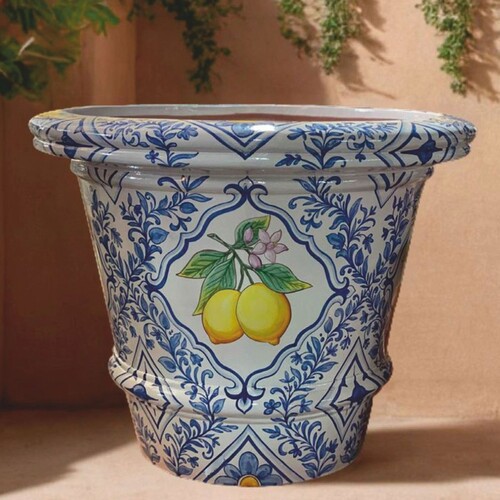 Casa Padrino Luxus Blumentopf Blau / Wei� / Bunt  80 x H. 63 cm - Garten Deko