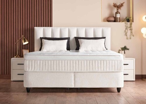 Casa Padrino Luxus Boxspringbett mit Kopfteil in Streifenoptik Creme 180 x 200 cm - Luxus Schlafzimmer M�bel