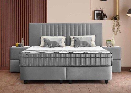 Casa Padrino Luxus Boxspringbett mit Kopfteil in Streifenoptik Grau 160 x 200 cm - Luxus Schlafzimmer M�bel