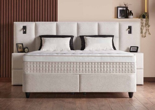 Casa Padrino Luxus Boxspringbett mit Wandkopfteil und Leseleuchten Creme 180 x 200 cm - Luxus Schlafzimmer M�bel