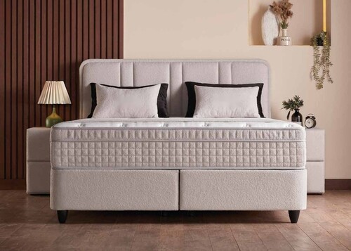 Casa Padrino Luxus Boxspringbett mit gerahmtem Kopfteil Creme 140 x 200 cm - Luxus Schlafzimmer M�bel