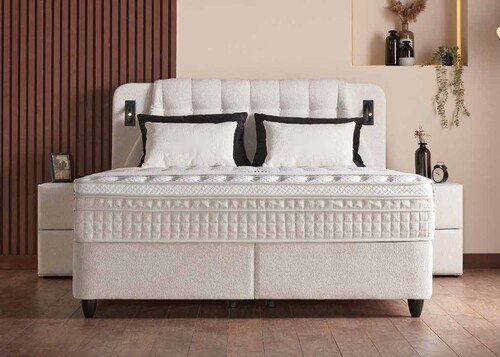 Casa Padrino Luxus Boxspringbett mit gestepptem Kopfteil und Leseleuchten Creme 180 x 200 cm - Luxus Schlafzimmer M�bel