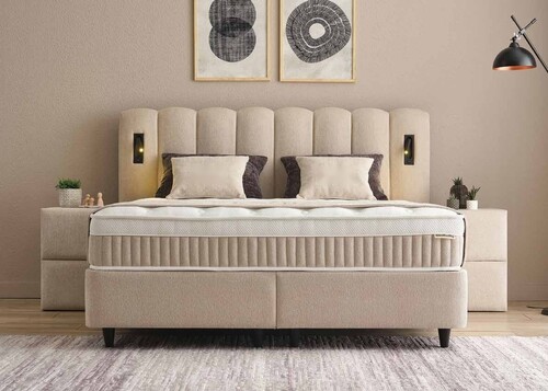 Casa Padrino Luxus Boxspringbett mit gewelltem Kopfteil und Leseleuchten Beige 180 x 200 cm - Luxus Schlafzimmer M�bel