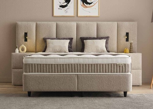 Casa Padrino Luxus Boxspringbett mit hohem Wandkopfteil und Leseleuchten Taupe 160 x 200 cm - Luxus Schlafzimmer M�bel