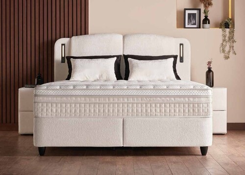 Casa Padrino Luxus Boxspringbett mit zweiteiligem Kopfteil und Leseleuchten Creme 180 x 200 cm - Luxus Schlafzimmer M�bel