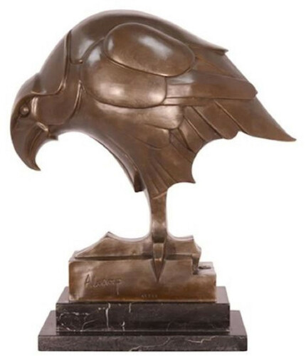 Casa Padrino Luxus Art Deco Bronze Skulptur Adler Bronzefarben / Schwarz 16,8 x 34,2 x H. 39,6 cm - Bronzefigur mit Marmorsockel - Deko Accessoires