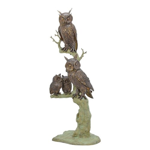 Casa Padrino Luxus Bronze Skulptur Eulen mit Jungtieren auf Baum Bronze / Gr�n 67 x H. 172 cm - Gro�e Bronzefigur - Deko Figur
