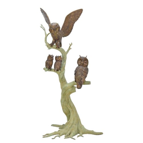 Casa Padrino Luxus Bronze Skulptur Eulenfamilie auf Baum Bronze / Gr�n 120 x H. 189 cm - Gro�e Bronzefigur - Deko Figur