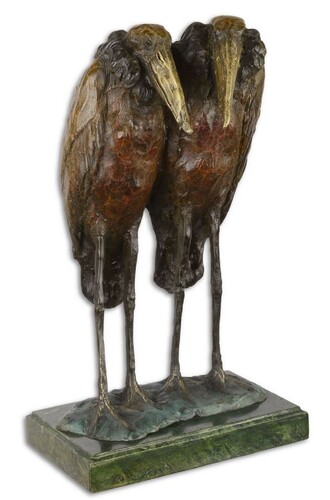 Casa Padrino Luxus Bronze Skulptur Marabu St�rche Bronze / Gold / Gr�n 21,7 x 17,2 x H. 36,2 cm - Bronzefigur mit Marmorsockel - Dekofigur
