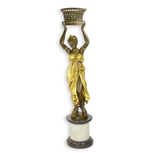 Casa Padrino Luxus Bronze Skulptur Orientalische Tr�gerin mit Schale auf Marmors�ule Bronze / Gold H. 188 cm - Bronzefigur mit Marmorsockel - Deko Figur